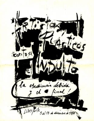 Artistas plásticos contra el Indulto [Afiche de la exposición colectiva de artistas en repudio a las leyes promulgadas por el presidente argentino Carlos Menem, que indultaban a civiles y militares que cometieron crímenes durante la última dictadura argentina] 1989